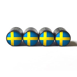 Sweden Flag Tire Valve Caps - Set of 4 - Black Aluminum - Fits on All Vehicles