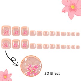 24Pcs Summer Press on Toenails Short Square Fake Toe Nails with 3D Flower Design French Tip False Toenails Pink Flower Glue on Nails Glossy Nude Full Cover Acrylic Toenails for Women