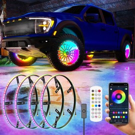 SUNPIE Wheel Lights for Truck, 14.5inch Wheel RGB Lights w/Sequential & Color Changing for Car Tire Rim 17inch and 18inch Vehicle Waterproof Wheel Ring Light w/APP/RF Control DC 12V for Truck SUV Car