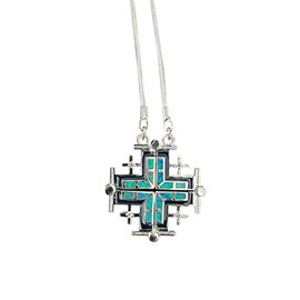 Jerusalem Cross Open Pendant Necklace Silver Plated Opal