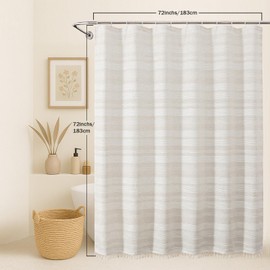 OVZME Natural Linen Shower Curtain for Bathroom, Boho Farmhouse Rustic Striped Shower Curtain with Tassel, Textured Heavy Duty Vintage Country Bathroom Curtain, 72Wx72L Inches