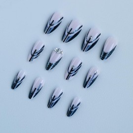 24PCS Press on Nails Almond Medium Fake Nails with Diamonds and Black Silver Lines Full Cover Jelly gel Acrylic Artificial False Nail Design for Girls and Women