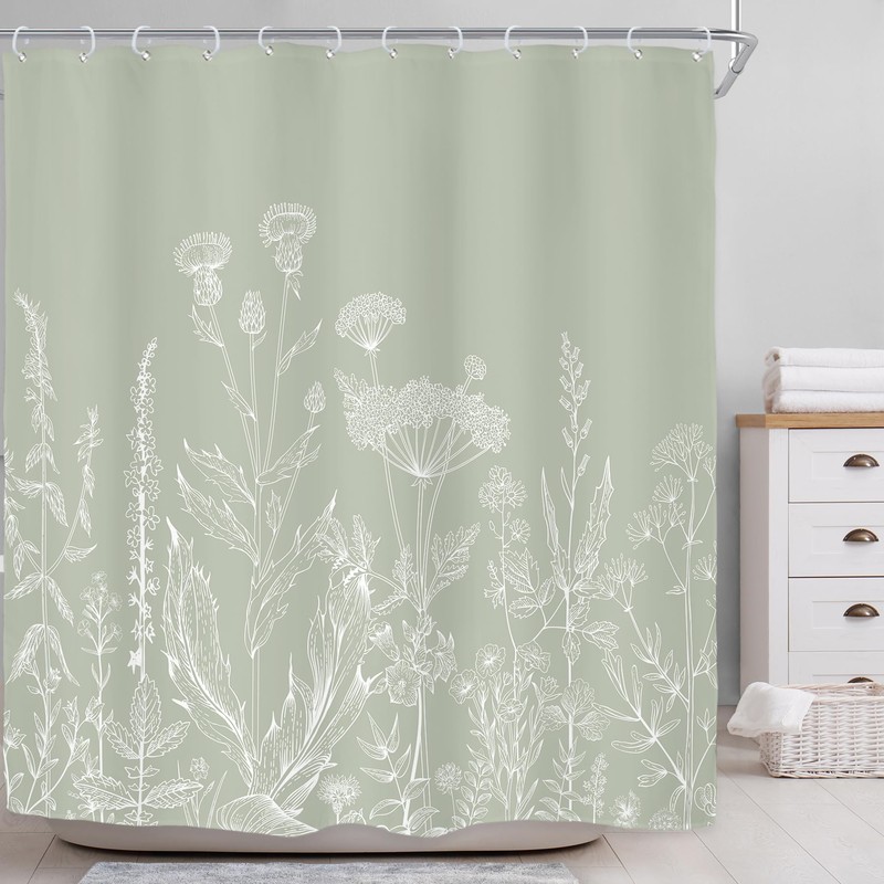 Riyidecor Sage Green Floral Wildflower Shower Curtain for Bathroom Decor
