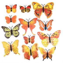 Shiwaki 24pcs 3D simulation three-dimensional butterfly magnet wall sticker decoration refrigerator sticker home decoration(Yellow)