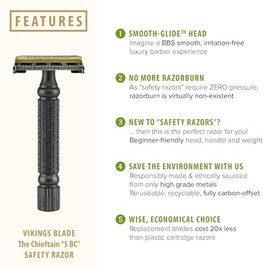 VIKINGS BLADE - Maquinilla de afeitar de doble filo para hombres + 5 cuchillas de acero suecas + funda de lujo Suave, reutilizable, respetuoso con el medio ambiente (Chieftain "5 BC")