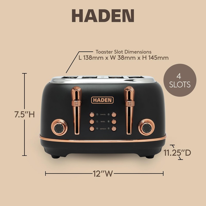HADEN Heritage 4-Slice Toaster with Extra Wide Slots, 1500-Watt, Black