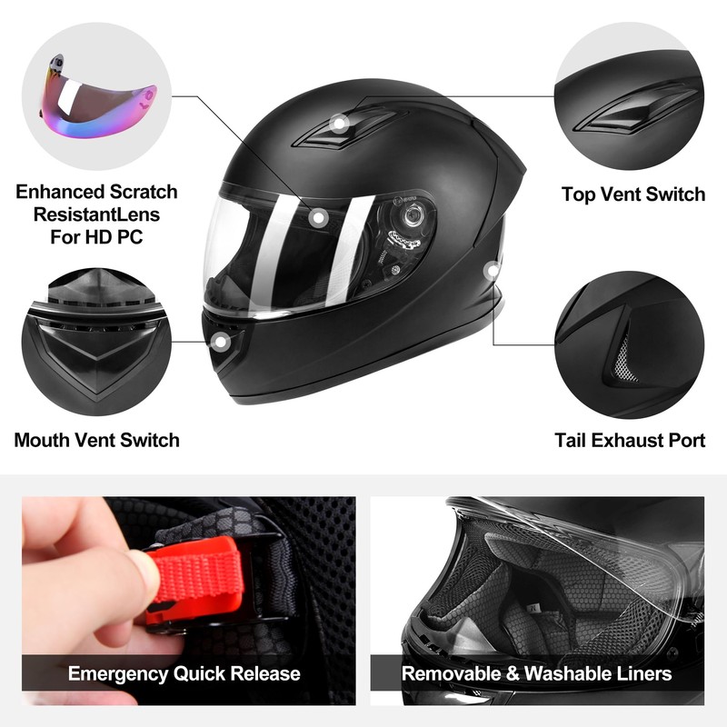 JAGASOL DOT Lightweight Full Face Motorcycle Street Bike Helmets with
