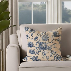 HERHOME Chinoiserie Blue and White Floral Decorative Throw Pillow Covers 18x18 Inch Set of 2 Peony Flower Beige Vintage Outdoor Farmhouse Decor Toile Cushion Case Decoration for Home Sofa Couch