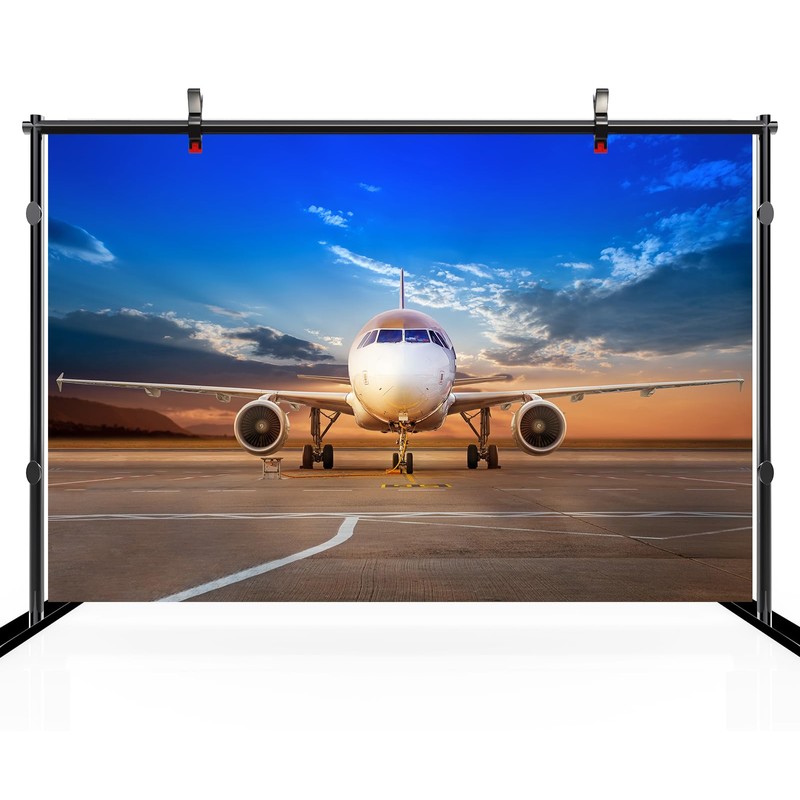 CHNYWORK 7ftx5ft Airplane Photography Backdrop Aircraft Parking Airport Runway Blue