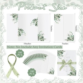 MotiMind 100 Pcs greenery Eucalyptus Pre Folded Vellum Jackets for 5x7 Invitations 130GSM Transparent Envelope Liners Bulk Vellum Paper 5x7 with Ribbons Wedding Invitations Wraps for Wedding Cards