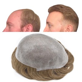 Toupee For Men Hair Piece Real Human Hair Replacement System Ultra Thin Skin Mens Toupee Hairpiece Hair Prosthesis Units For Men V-Loop (8x10Light density#2010 20# LIGHT ASH BLONDE+10% GRYE)