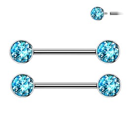 Pierced Owl - 14G Implant Grade Titanium Internally Threaded Bezel Set Crystal Nipple Barbells, Sold as a Pair, Metal, cubic-zirconia