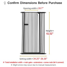Lumizone Extra Tall Cat Gate 61.02" High Pressure Mounted Extra Wide 2025 New (17 Sizes) 1.37" Gap No Drilling Auto-Close One-Handed Operation Tall Pet Gate for Dogs(Black, 61.02" H x 34.25"-38.38" W)