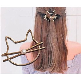 Leiothrix Hair Clip Golden Cat with Pearl for Women and Girls Apply to Party and Casual