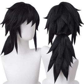 SL Anime Black Cosplay Wigs with Pigtails for Giyuu DS Fluffy Characters Spiky Cosplay Costume Wigs with Cap