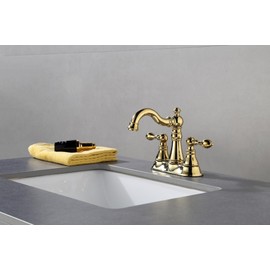 Derengge Two Handle Polished Brass Bathroom Faucet 3 Hole with Pop up Drain Assembly, Classic 4 Inch Centerset Lavatory Faucet with 360° Swivel Spout,F-0048-PB