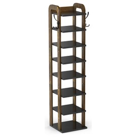 Wooden 8 Tiers Vertical Shoe Rack with Hooks