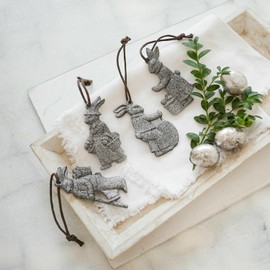 Loberon Set of 4 Pierre Pendants, Hand-Painted Bunny Pendants, Loving Detail Design, Easter, Easter Decoration, Polyresin, Polyester, Antique Grey