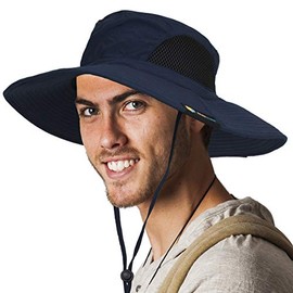SUN CUBE Fishing Hat for Men, Women | Hiking Boonie Hat with Wide Brim, Adjustable Chin Strap | Safari Summer Bucket Sun Hat | UPF 50+ Protection | Packable Breathable Mesh (Navy)
