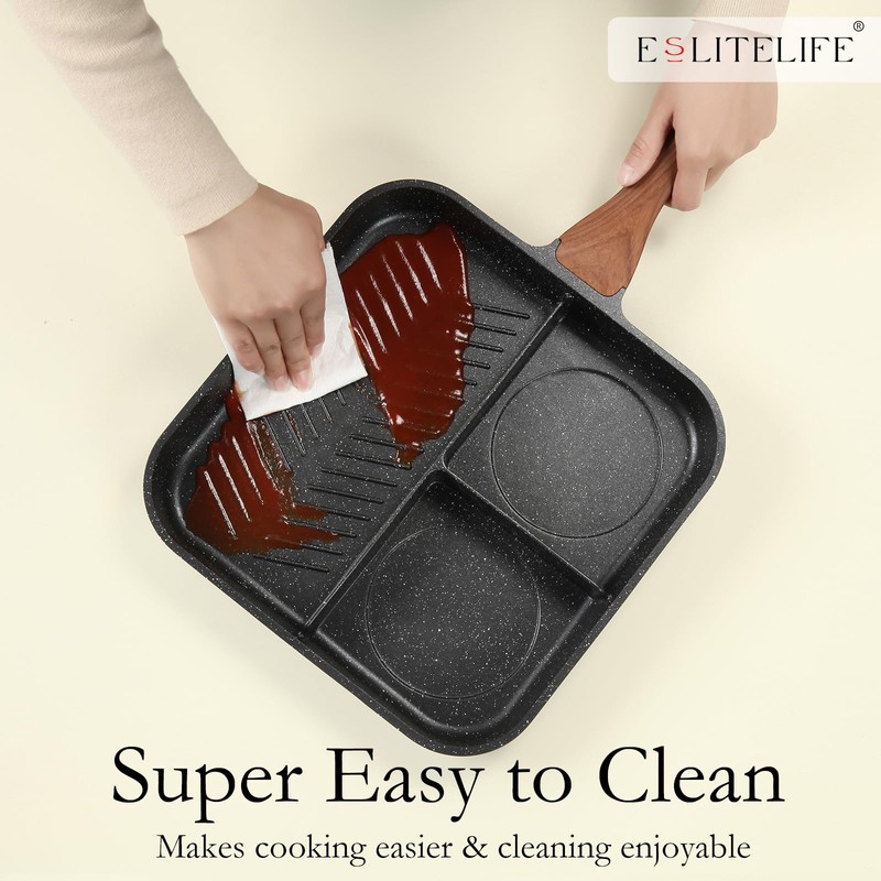 ESLITE LIFE 11 Inch Nonstick Divided Grill Pan with Lid