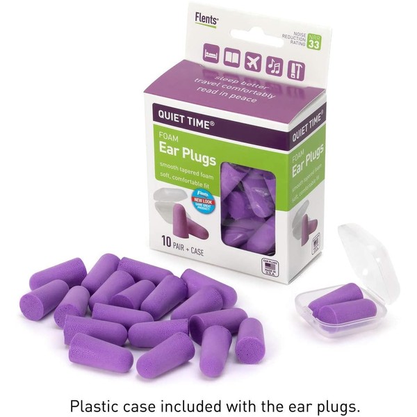 Flents Quiet Time Ear Plugs/Earplugs, 10 Pair, Case Included, NRR 33, Made in The USA, Purple