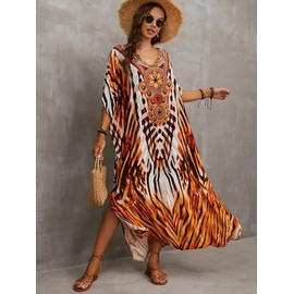 Moss Rose Kaftan Dresses for Women V Neck Summer Swimsuit Kaftan Plus Size Maxi Beach Vacation Clothes