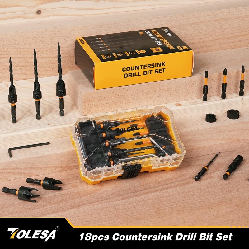 TOLESA Countersink Drill Bit Set, 18 PCS Tapered Counter Sink