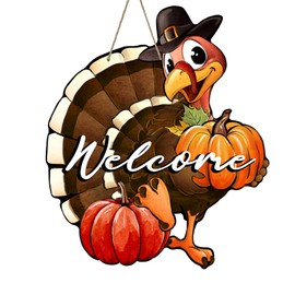 Bolisom Welcome Thanksgiving Turkey Front Door Sign, Fall Harvest Pumpkin Wood Hanger Outdoor Outside Porch Home Decor, Autumn Farmhouse Rustic Wooden Wreath Indoor Wall Hanging Decoration
