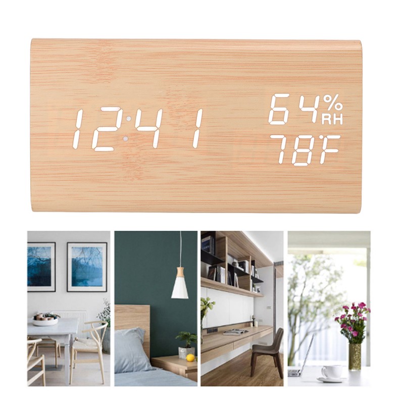 Triangular Digital Wooden Clock Time Date Temperature Humidity Display Alarm