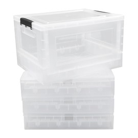Qsbon Qskely 30 L Clear Plastic Collapsible Storage Crate, Folding Storage Box with Lid, 4-Pack