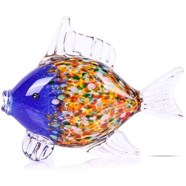 Large Hand Blown Glass Fish Figurines, Tropical Glass Fish Decor Sea Glass Art, Blue Fish Statue Sculpture Modern Home Decor Accent - for Knick Knacks Shelves, Coffee Tables, Offices Decor