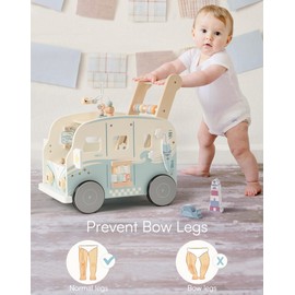ROBOTIME Wooden Baby Walker, Baby Push Walker, Baby Activity Center Toys, Ajustable Speed Multi-Functional Baby Walker with Wheels for Boys and Girls(Vacation Bus)