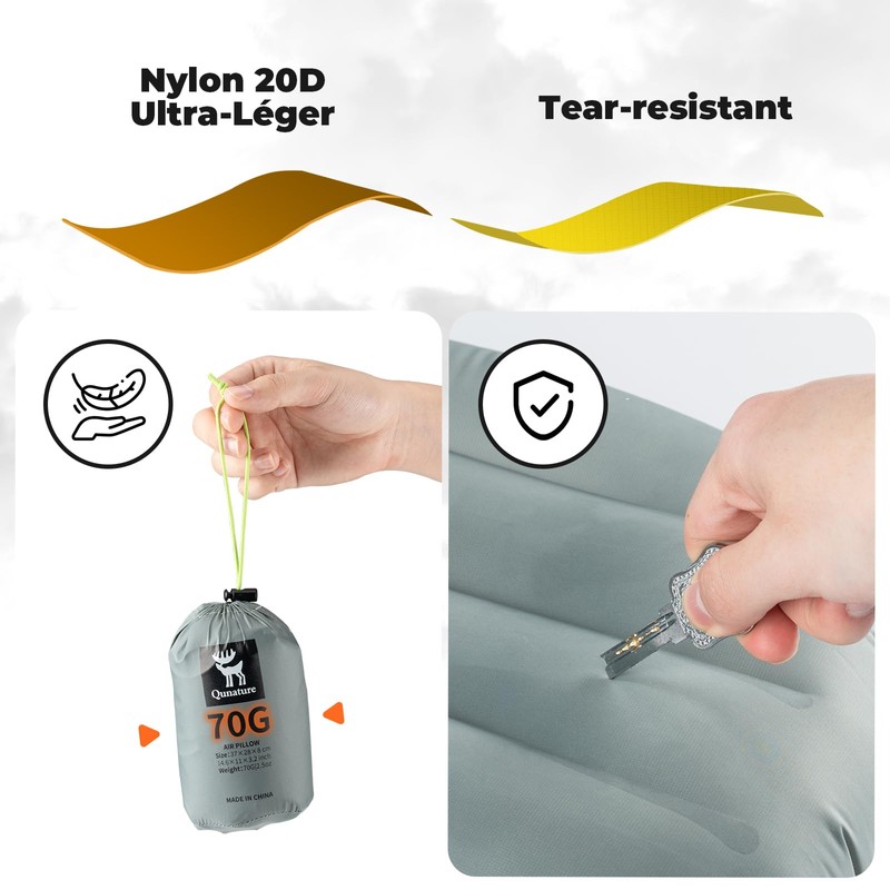 Ultralight Inflatable Camping Pillow, 70g Adjustable TPU Cushion, 20D Nylon