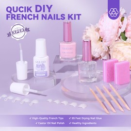 Saviland French Maniküre Set: 100 Stück French Tip zum Aufdrücken der Nägel,Rizinusöl,Rosa Nagellack,Vitamin E,Nagelkleber,Nagelpuffer,Holzschieber,Heimsalon,Experten Maniküre für Französische Nägel