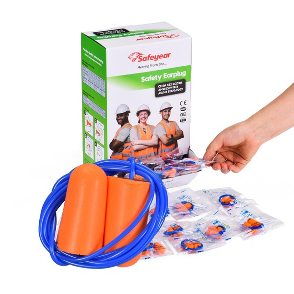 SAFEYEAR 100 Pairs Soft PU Foam Bullet Earplugs with String,