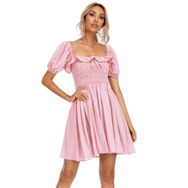 R.Vivimos Women's Summer Cotton Short Sleeve Square Neck Elastic Smocked Ruffle Floral Print Swing Mini Dress (Large, Pink)