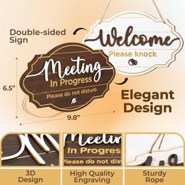 Woodamore Meeting In Progress Door Sign - In A Meeting Sign For Office Door, Do Not Disturb Door Hanger Sign, Welcome Please Knock Office Door Sign