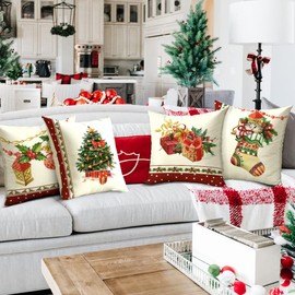 Cirzone Christmas Cushion Cover, 40 x 40 cm, Set of 4 Christmas Decorative Cushions, Christmas Tree, Christmas Stockings, Box, Christmas Decoration, Christmas Decoration for Home, Sofa, Bedroom