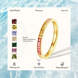 munone Eternity Rainbow Ring for Women, 18K Gold Plated Colorful AAAAA Cubic Zirconia Multi-Gemstone Stackable Band Ring