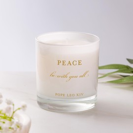 Pope Leo XIV Peace Be with You All Scented Candle – 11 oz Vegan Soy-Coconut Blend – 90-Hour Burn Time – Inspirational Catholic Home Decor – The Catholic Company Exclusive