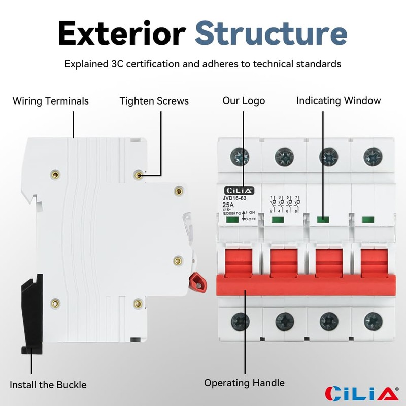CILIA Isolator Switch 25A/40A/63A 4P 415V AC Mounting on DIN