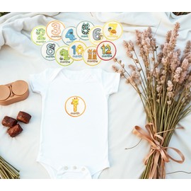 HEYTRCO 12PCS Baby Monthly Milestone Iron on Patches, Animal Themed Month Markers Embroidered Badges for Baby Growth Tracking, Photo Props, DIY Baby Clothes, Baby Shower