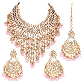 Aheli elegante boda india desgaste imitación Kundan tachonado gargantilla collar con Maang Tikka conjunto joyería étnica de moda para mujer (Pink Kundan & Pearl Drop)