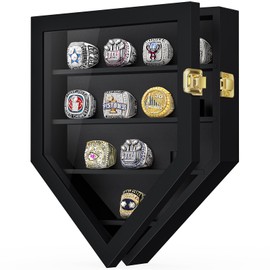 TJ.MOREE Championship Ring Display Case, 12 Ring Posts Baseball Ring Display Case, Wall Mount Wooden Glass Shadow Box with Locks to Show Sport, Class, Fraternity, and Award Rings - Black