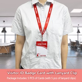 Visitor ID Badge Card with Lanyard Clip - Reusable Temporary Pass, Heavy Duty Plastic Name Tag for Company, School, Exhibition (5 PCS)