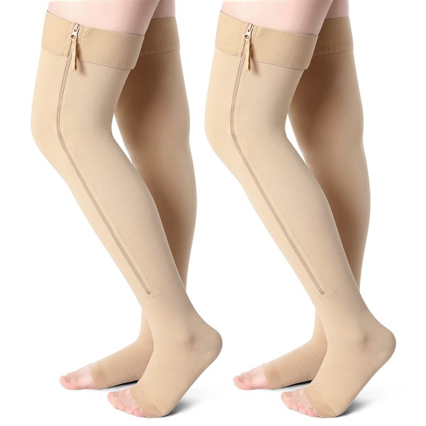 2 Pairs Open Toe Thigh High Zipper Compression Socks 20-30