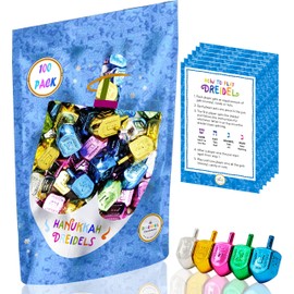 The Dreidel Company 100-Pack Metallic Multi-Colored Dreidels for Hanukkah with English Translation, Spinning Tops Includes Game Instruction Cards Multi-Colored Assorted Metallic Dreidels