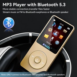 RUIZU 64GB MP3 Player with Bluetooth 5.3, 1.8 inch Screen, 30gram, Portable Music Player for Sports Running, FM Radio, Voice Recorder, Digital Audio Shuffle Playback, Support 128GB Micro SD Card, Gold