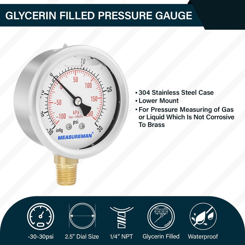 MEASUREMAN 2-1/2" dial, 1/4" NPT Lower, Glycerin Filled, Stainless Steel