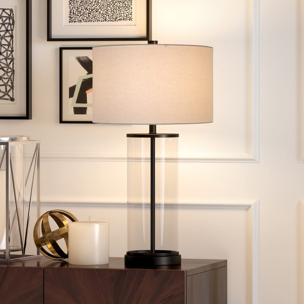 Henn&Hart 28" Tall Table Lamp with Fabric Shade in Blackened Bronze/White, Lamp, Desk Lamp for Home or Office